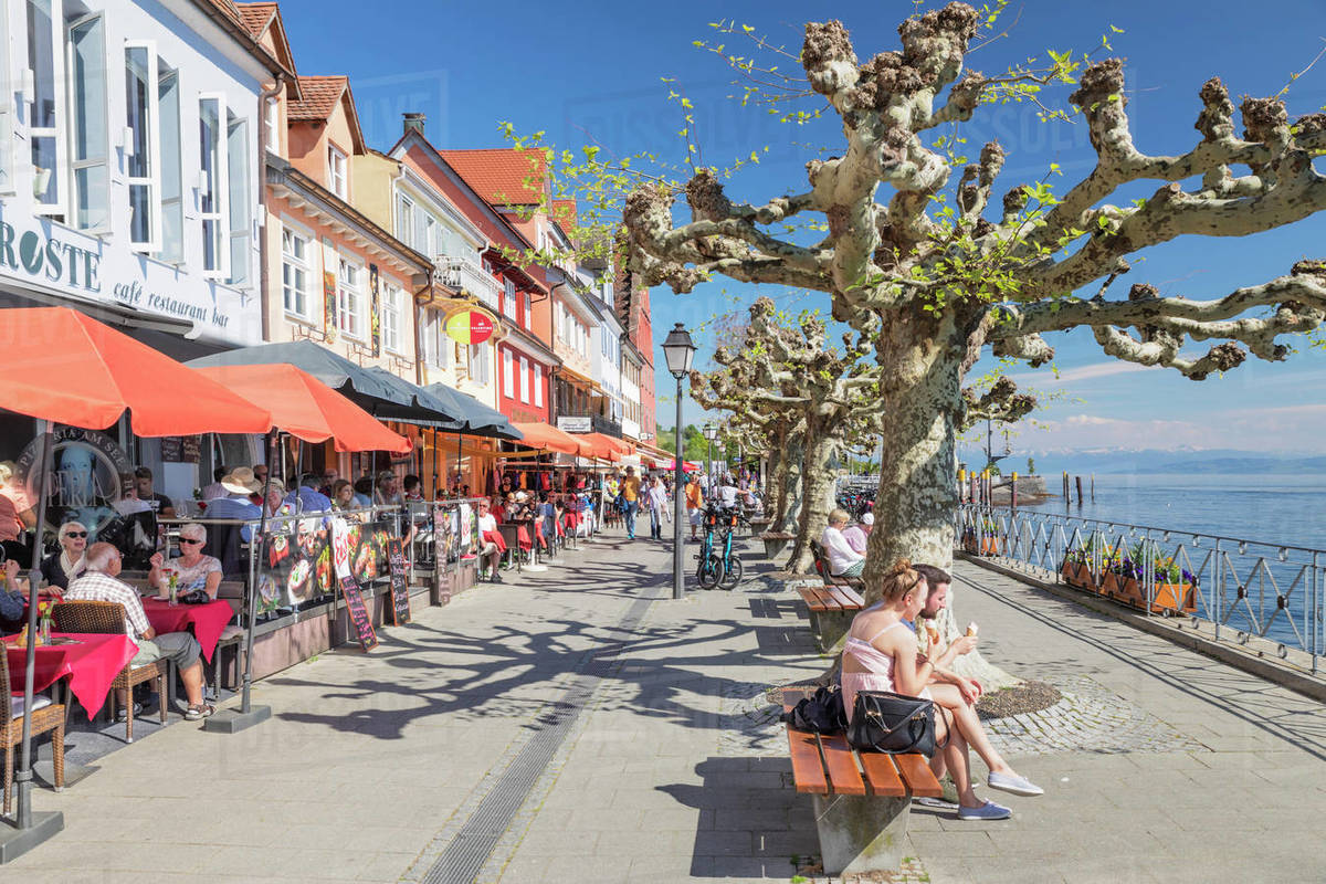 Restaurants at the promenade, Meersburg, Lake Constance, Baden-Wurttemberg, Germany, Europe Royalty-free stock photo