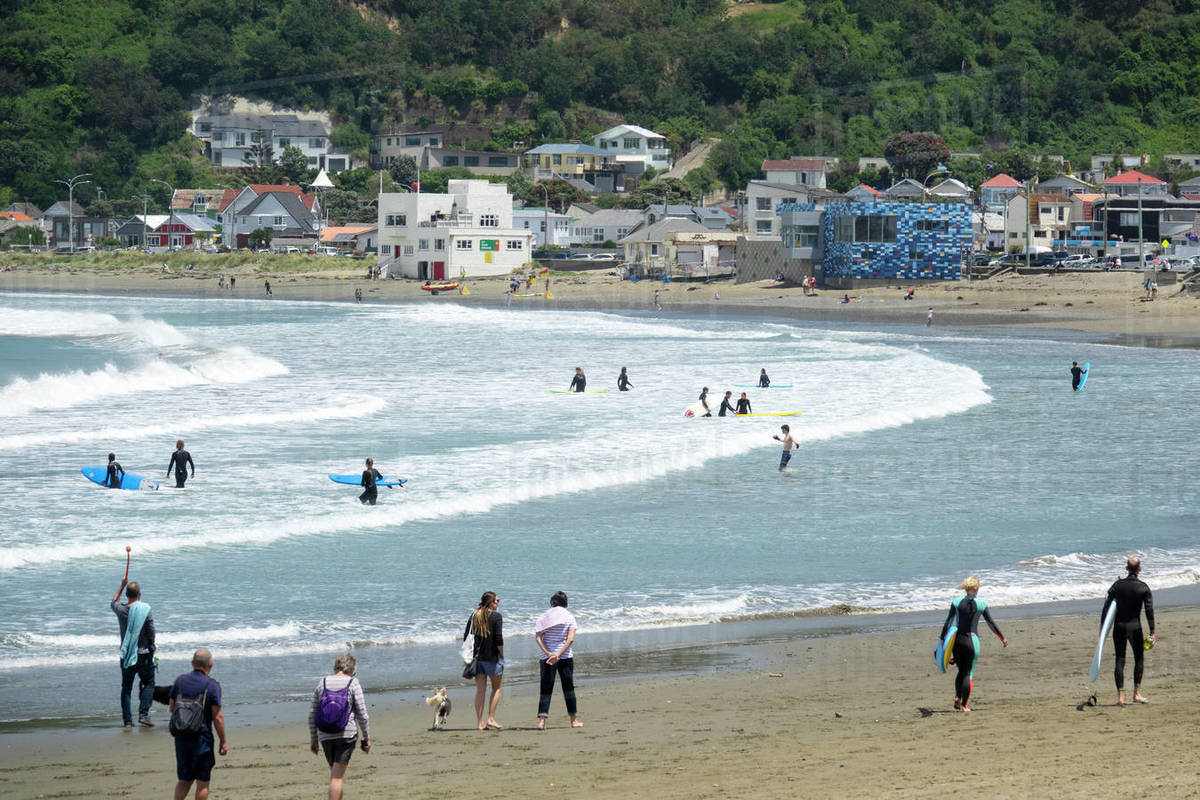 Surfers and walkers, Lyall Bay, Wellington, North Island, New Zealand, Pacific Royalty-free stock photo