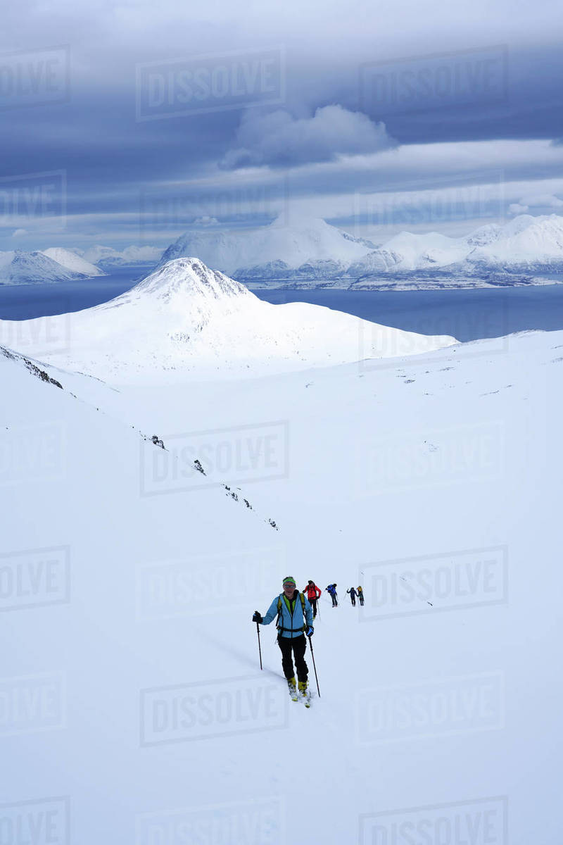 Ski touring in the Lyngen Alps, Lyngen peninsula, Troms County, Norway, Scandinavia, Europe Royalty-free stock photo