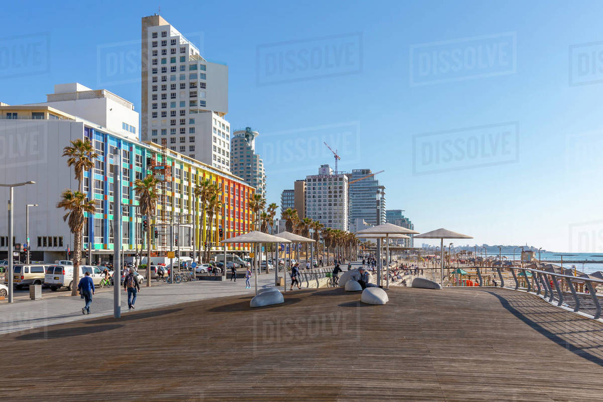 View of colourful buildings and promenade on Hayarkon Street, Tel Aviv, Israel, Middle East Royalty-free stock photo