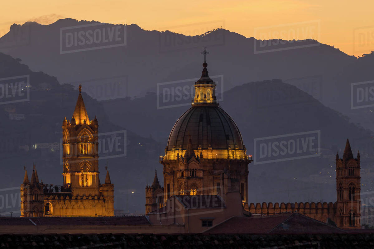 Palermo Cathedral, UNESCO World Heritage Site, at twilight, Palermo, Sicily, Italy, Europe Royalty-free stock photo