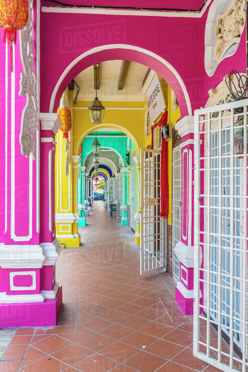 The colourful shop house architecture of Kek Chuan Jalan Road in George Town, Penang Island, Malaysia, Southeast Asia, Asia Rights-managed stock photo