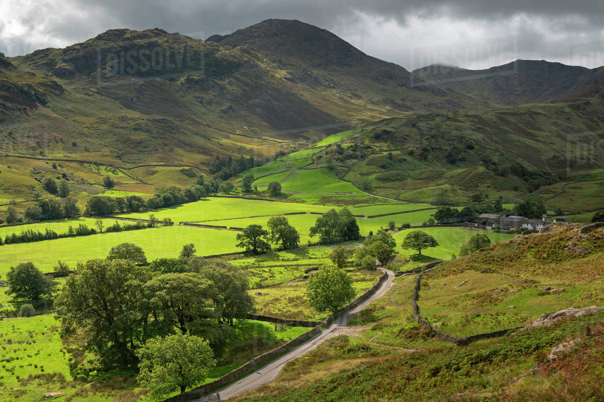 Rolling farmland and mountains in Little Langdale, Lake District
