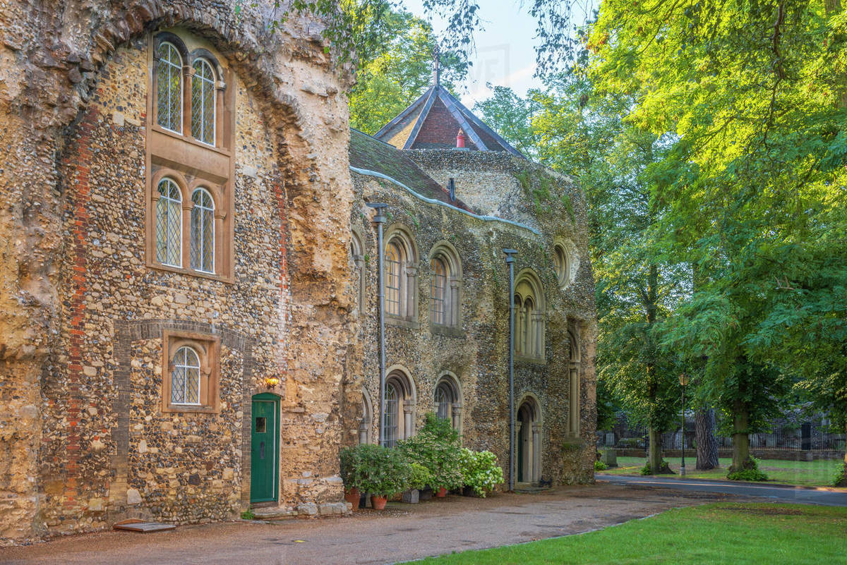 Houses built into the west front of the ruined Abbey Church, Bury St