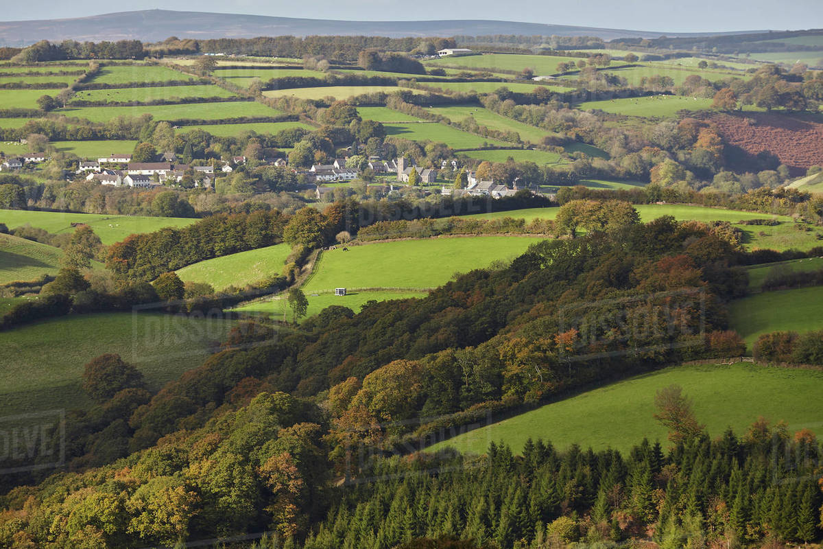 Rolling farmland and the village of Brompton Regis, near Wimbleball