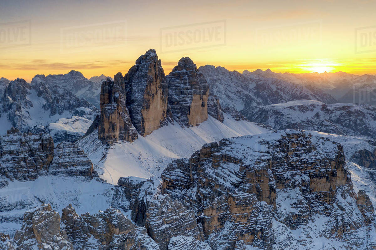 Sunset Over Tre Cime Di Lavaredo Monte Paterno And Cristallo During A 