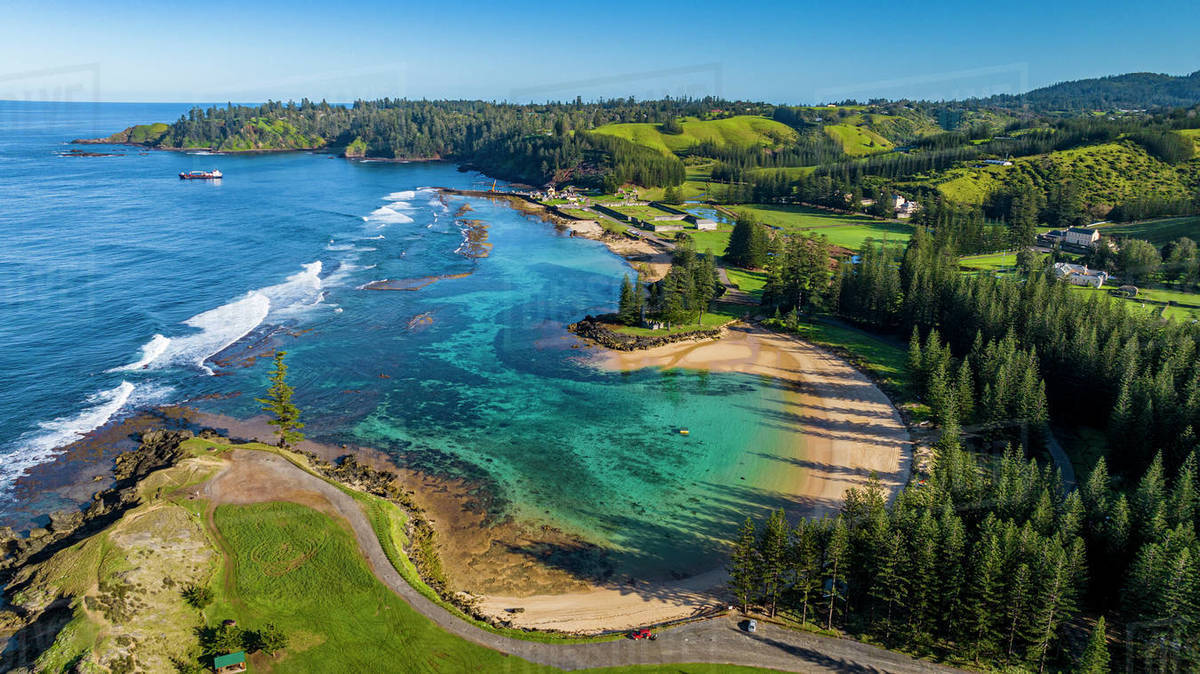 Aerial of Emily Bay, UNESCO World Heritage Site, Norfolk island, Australia, Pacific Stock