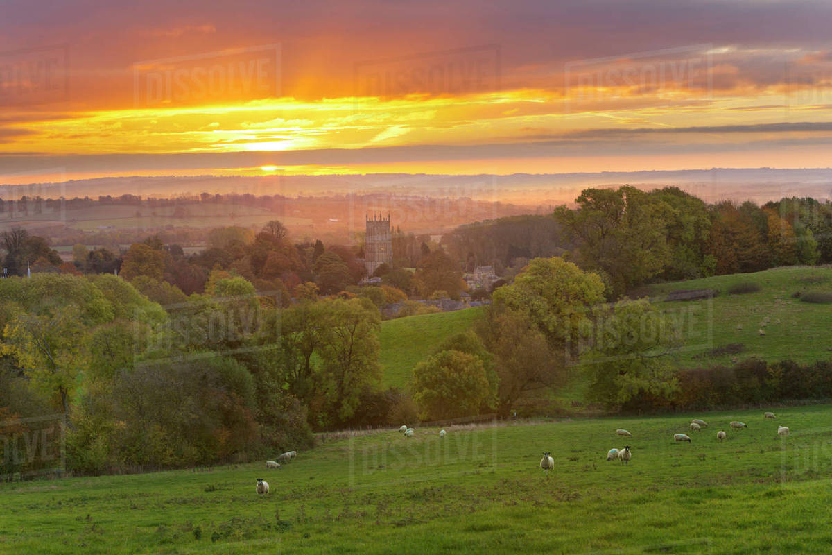 Cotswold countryside and St. James Church at dawn, Chipping Campden