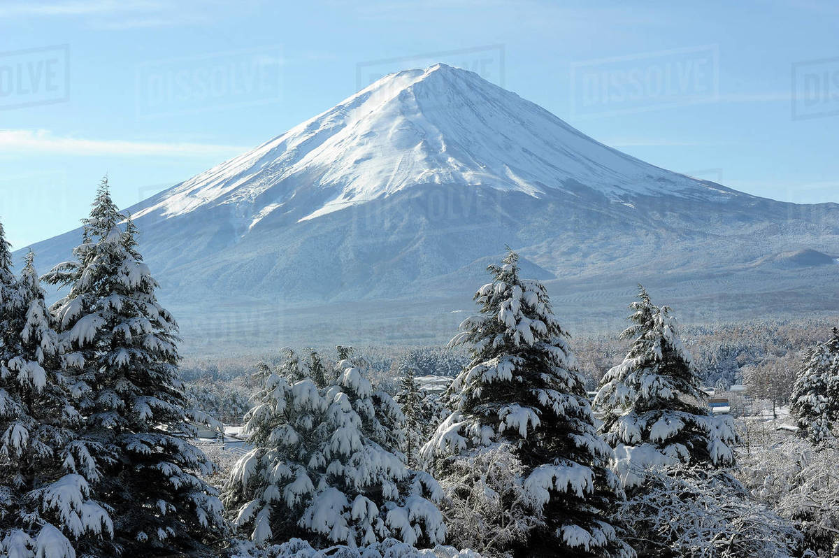 View of Mount Fuji, UNESCO World Heritage Site, in the early morning after a heavy fall of snow