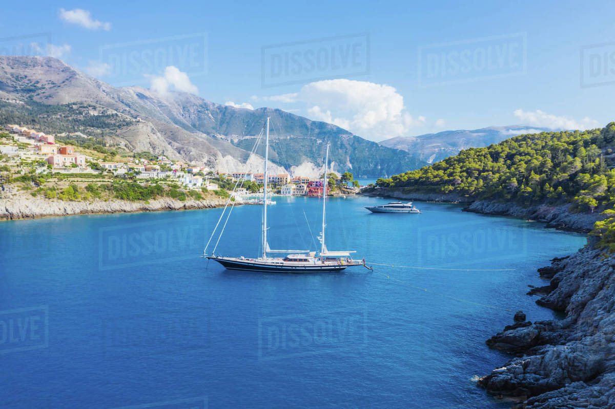 Aerial view of Luxury Sail Yacht in Assos village, Kefalonia Island, Greece. Stock Photo