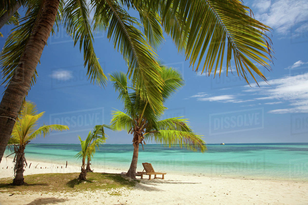 Beach, palm trees and lounger, Plantation Island Resort, Malolo Lailai Island, Mamanuca Islands, Fiji, South Pacific Royalty-free stock photo