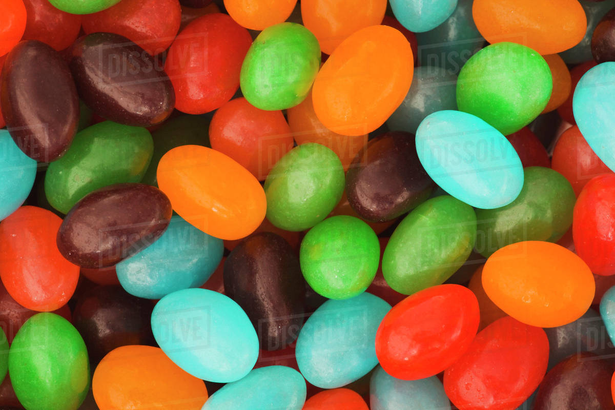 Closeup of colorful assortment of jelly bean candy. Stock Photo
