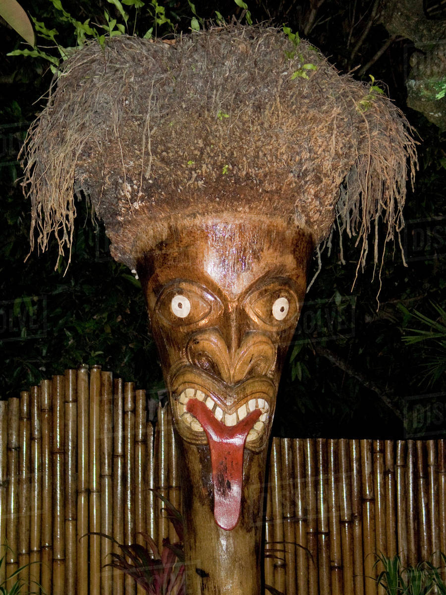 French Polynesia, Bora Bora. Tiki statue at Bloody Mary's Restaurant