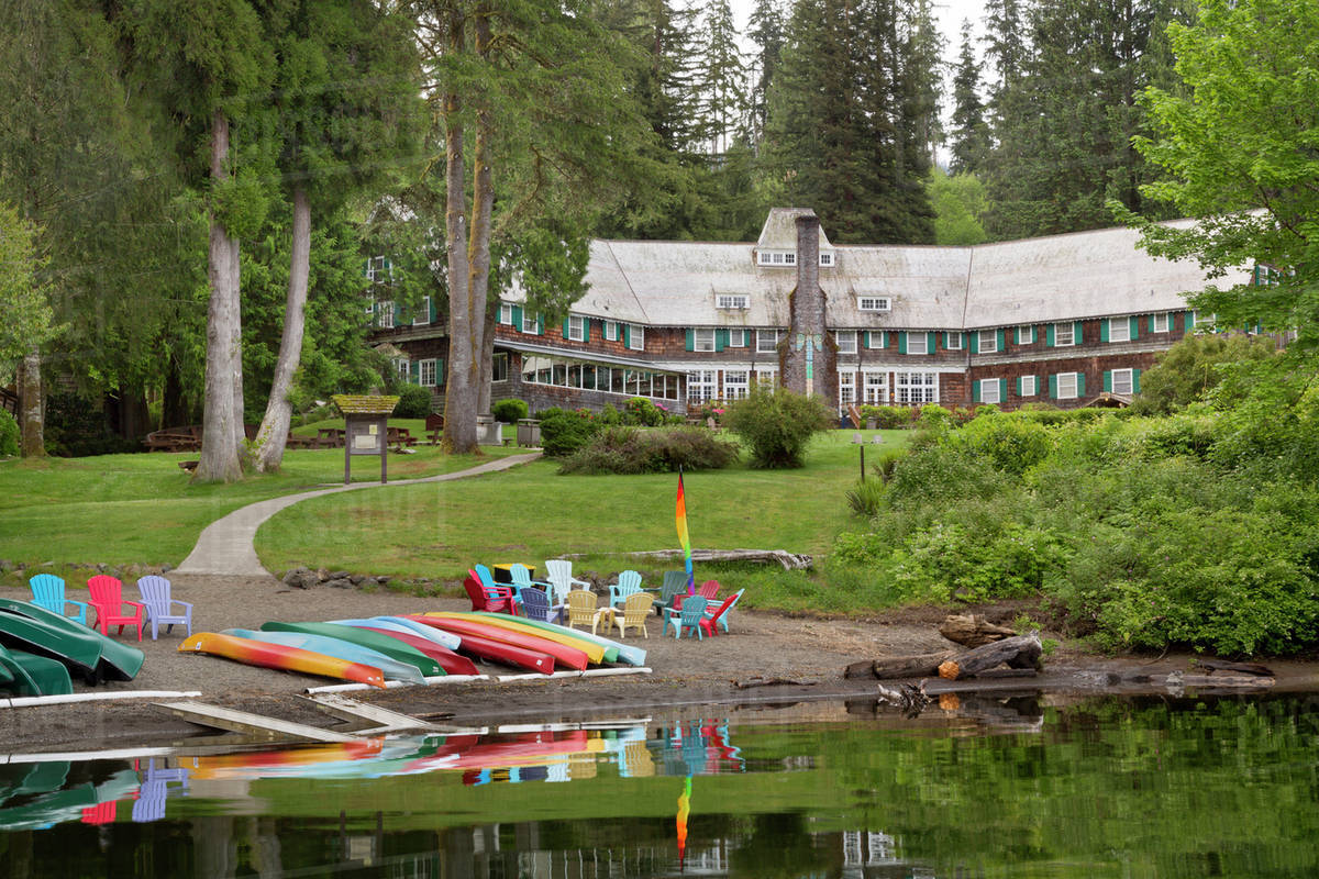 USA, Washington, Olympic National Park. Colorful boats in front of Lake