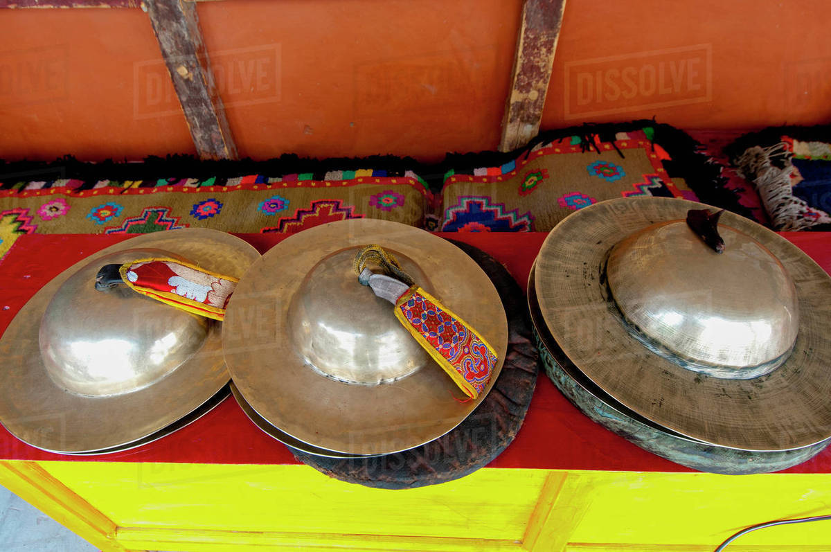 India, Jammu & Kashmir, Ladakh, three sets of brass cymbals at Hemis