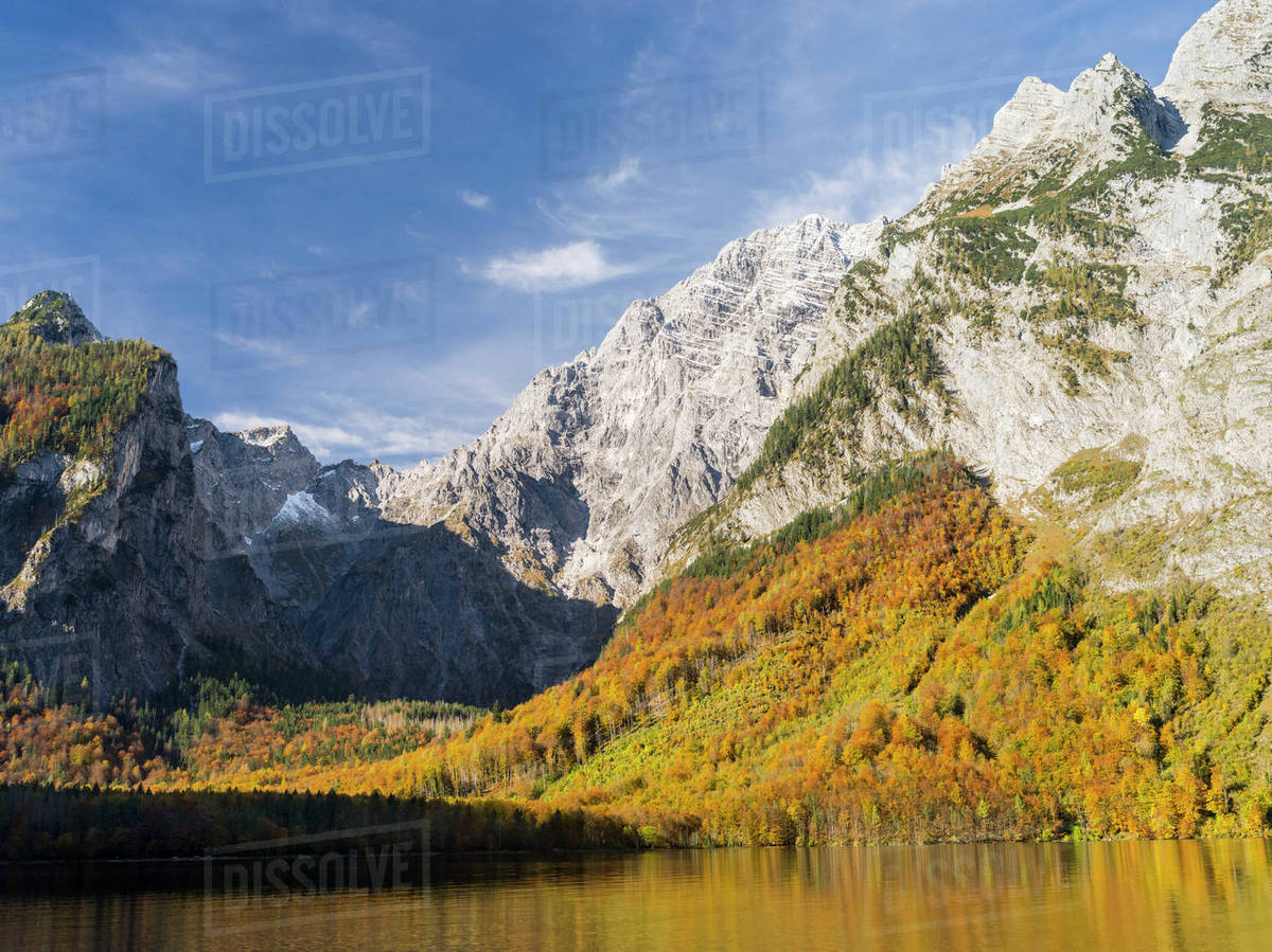 Boat excursion on lake Koenigssee during fall in the Nationalpark ...