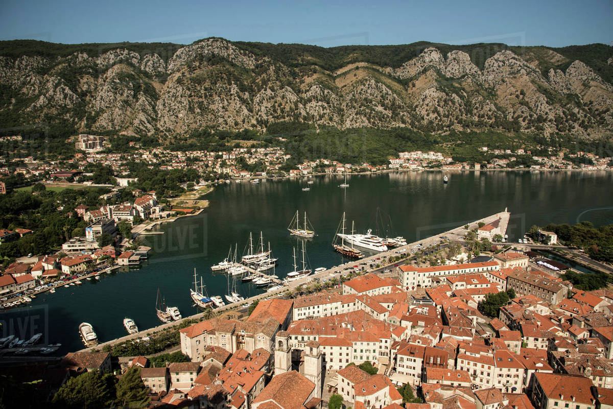 elevated view of houses on coast kotor montenegro europe stock