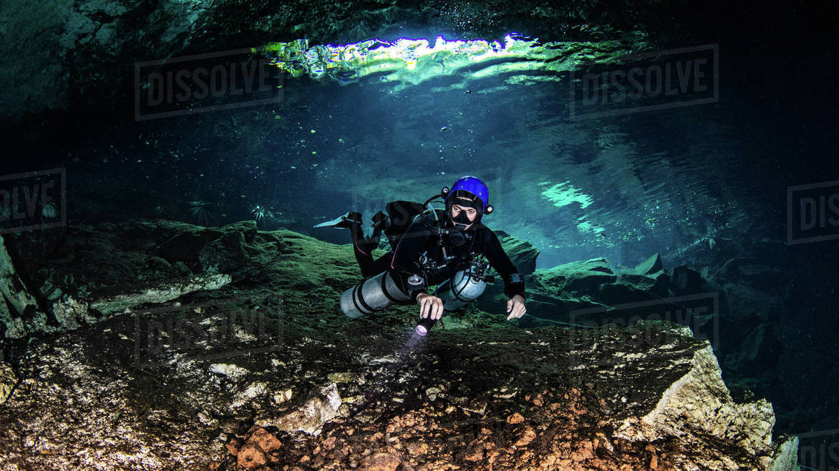 Cenote cave diving, Tulum, Quintana Roo, Mexico Stock Photo Dissolve