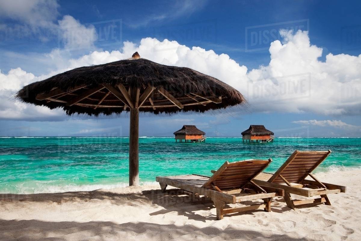 Chairs and umbrella on tropical beach Stock Photo Dissolve