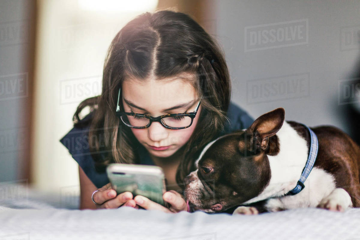 Girl using smartphone beside pet dog on bed Royalty-free stock photo