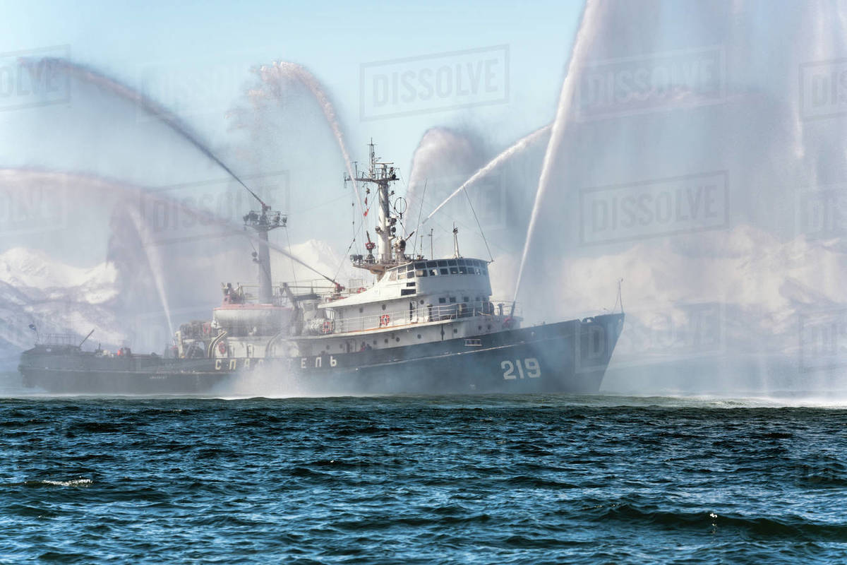 KAMCHATKA, RUSSIA APR 27, 2019 Firefighting and rescue ship of