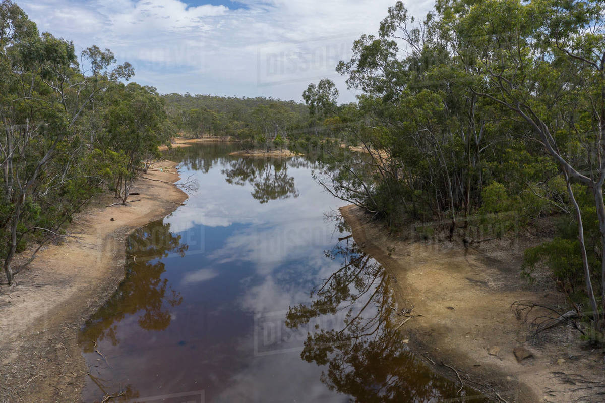 Aerial view of a drought affected water reservoir in regional Australia