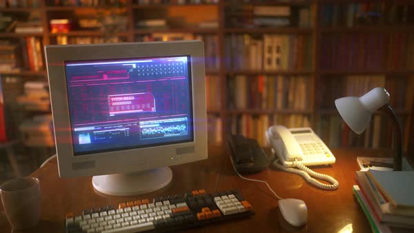 Process of breaching computer system in 90s retro office, cyber attack ...