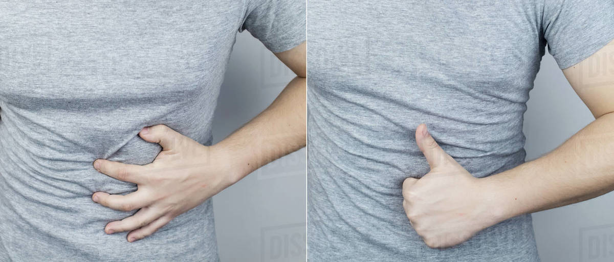 Before and after abdominal pain. On the left is a photo of how the person is hurt stomach, and