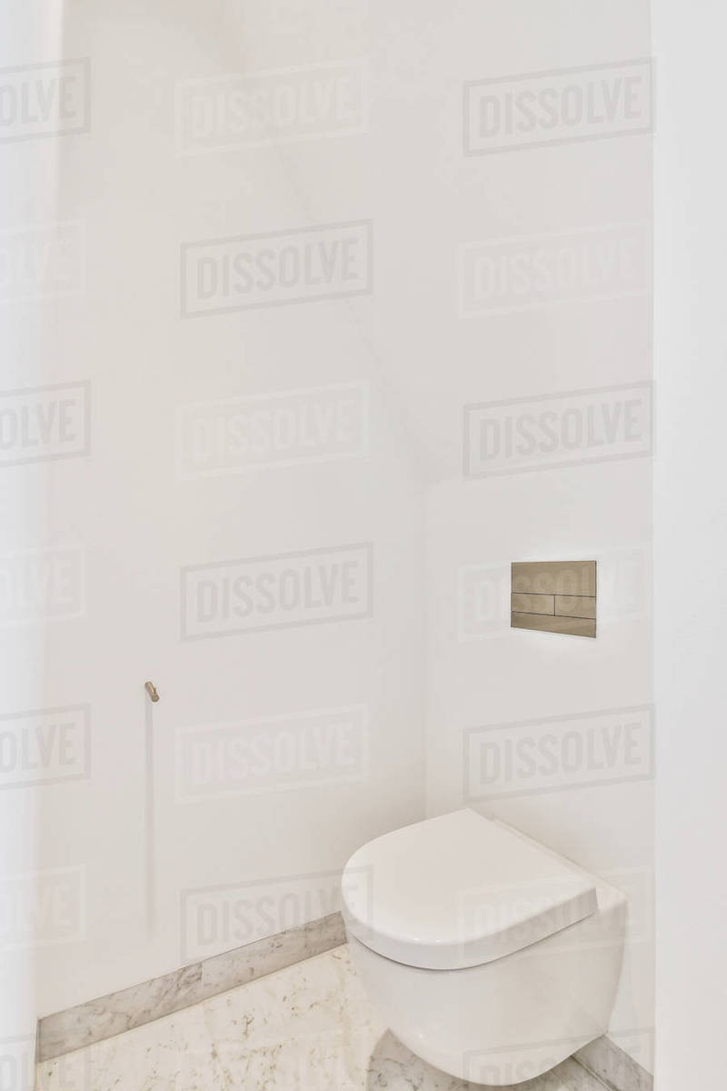 Interior design of small modern restroom with white toilet in corner