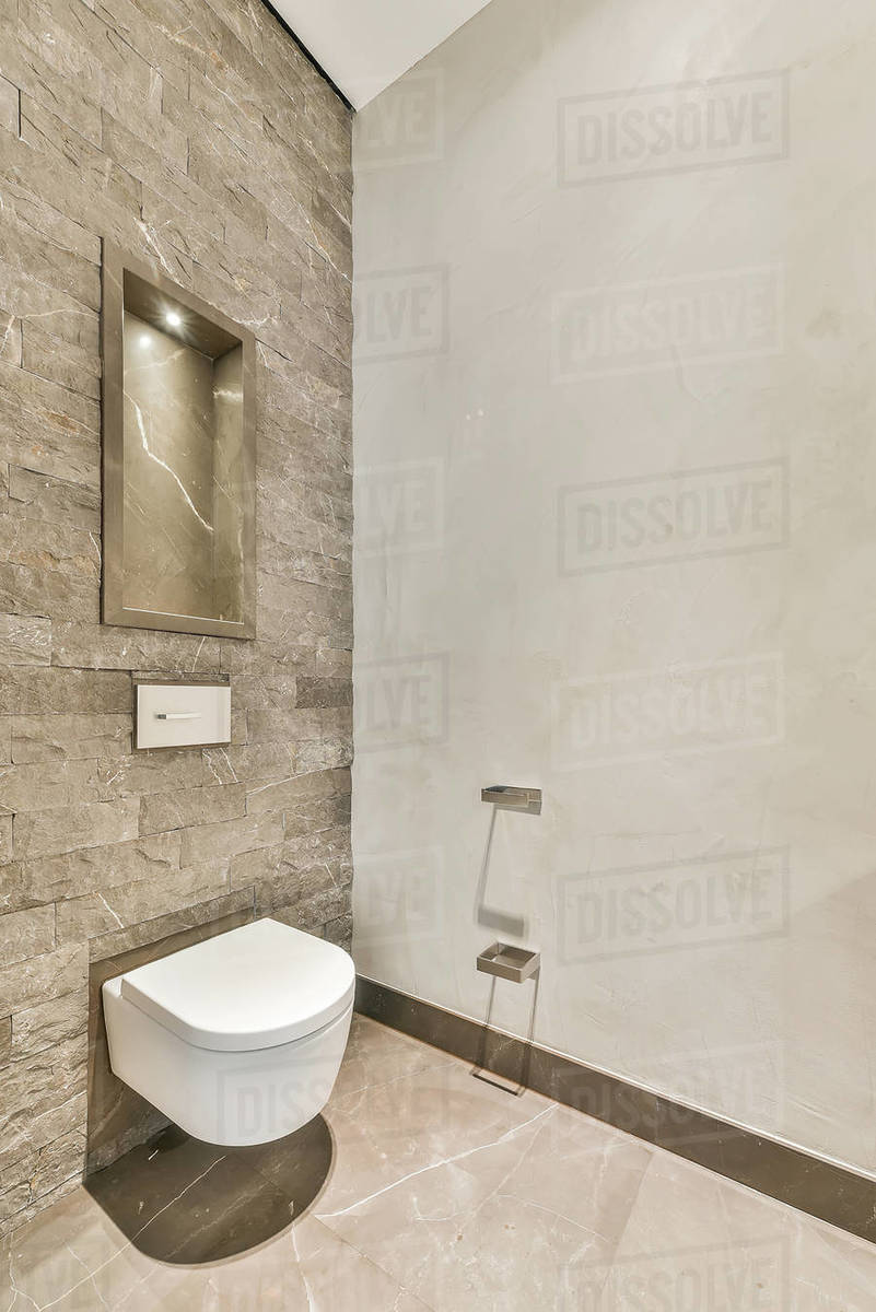 Interior design of small modern restroom with white toilet in corner