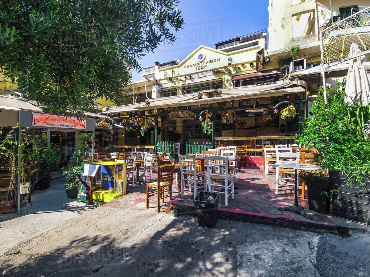 Thessaloniki, Greece day view of the empty traditional outdoor seating