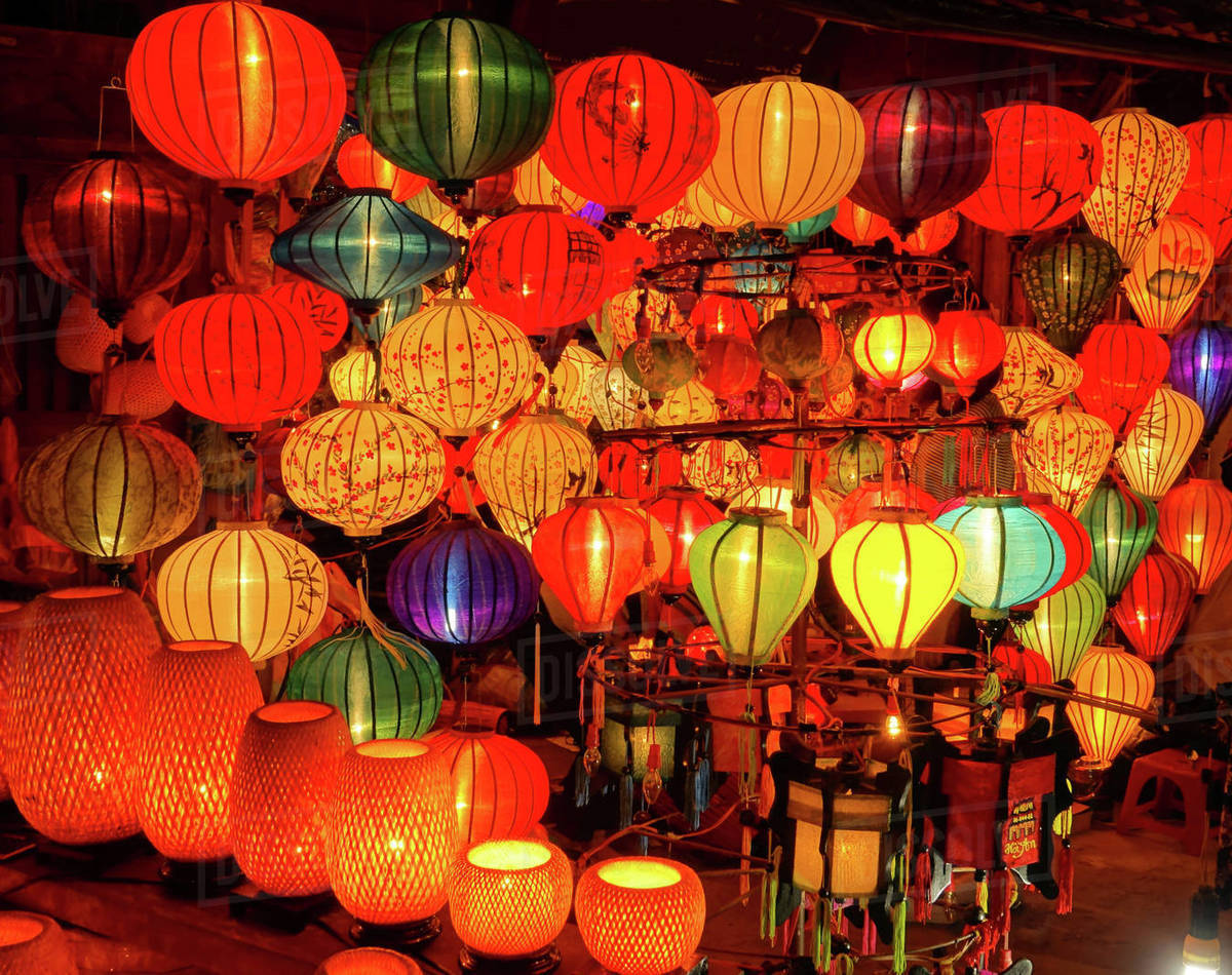 CLOSE UP Countless oriental lamps are lit up on a festive night in