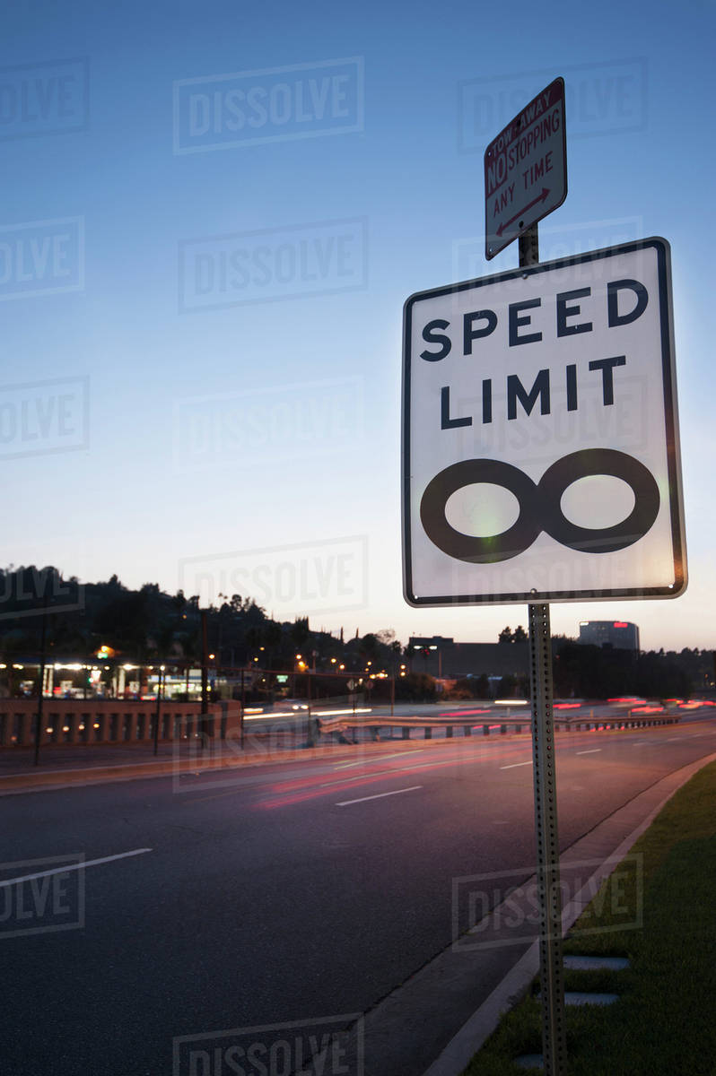 Traffic sign stating 'speed limit infinity' at barham boulevard freeway