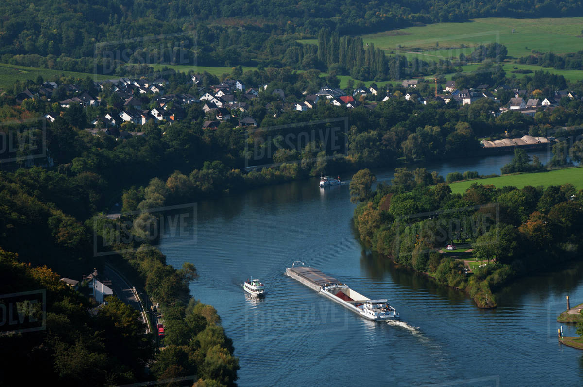 Boats In The River Near BernkastelKues, A Wine Region In Mosel Valley