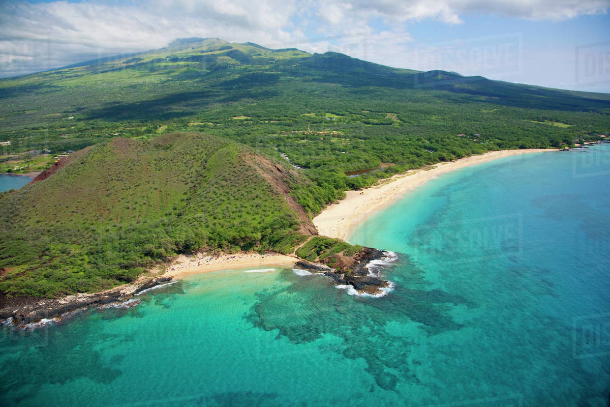 Aerial of two of Maui's famous beaches, Little Beach (nude beach) and Big Beach, also known as