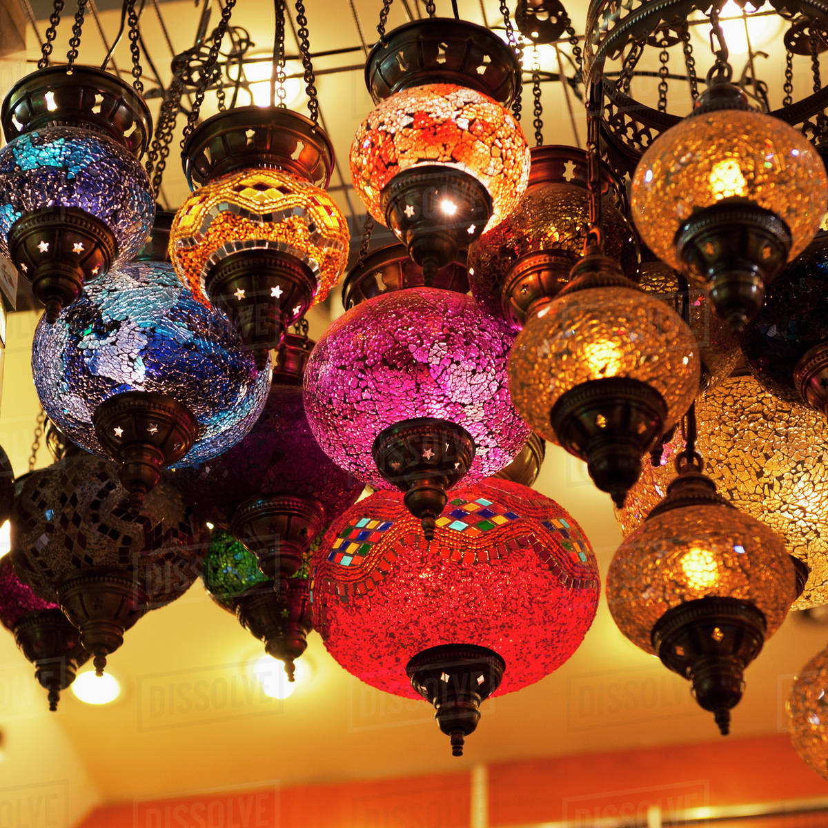 Low Angle View Of Illuminated Colourful Glass Light Fixtures Istanbul Turkey Stock Photo