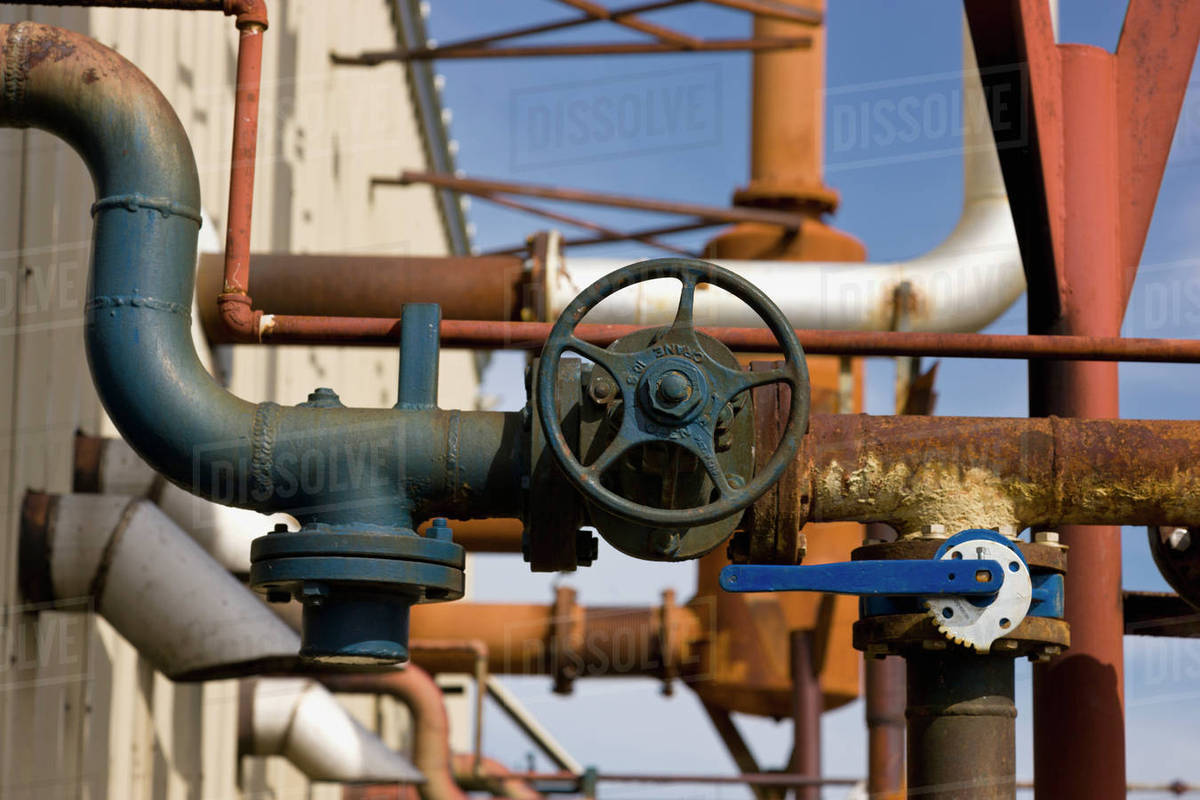 Pipe vents and valves on the exterior of a electrical power plant, Sand Point, Southwestern