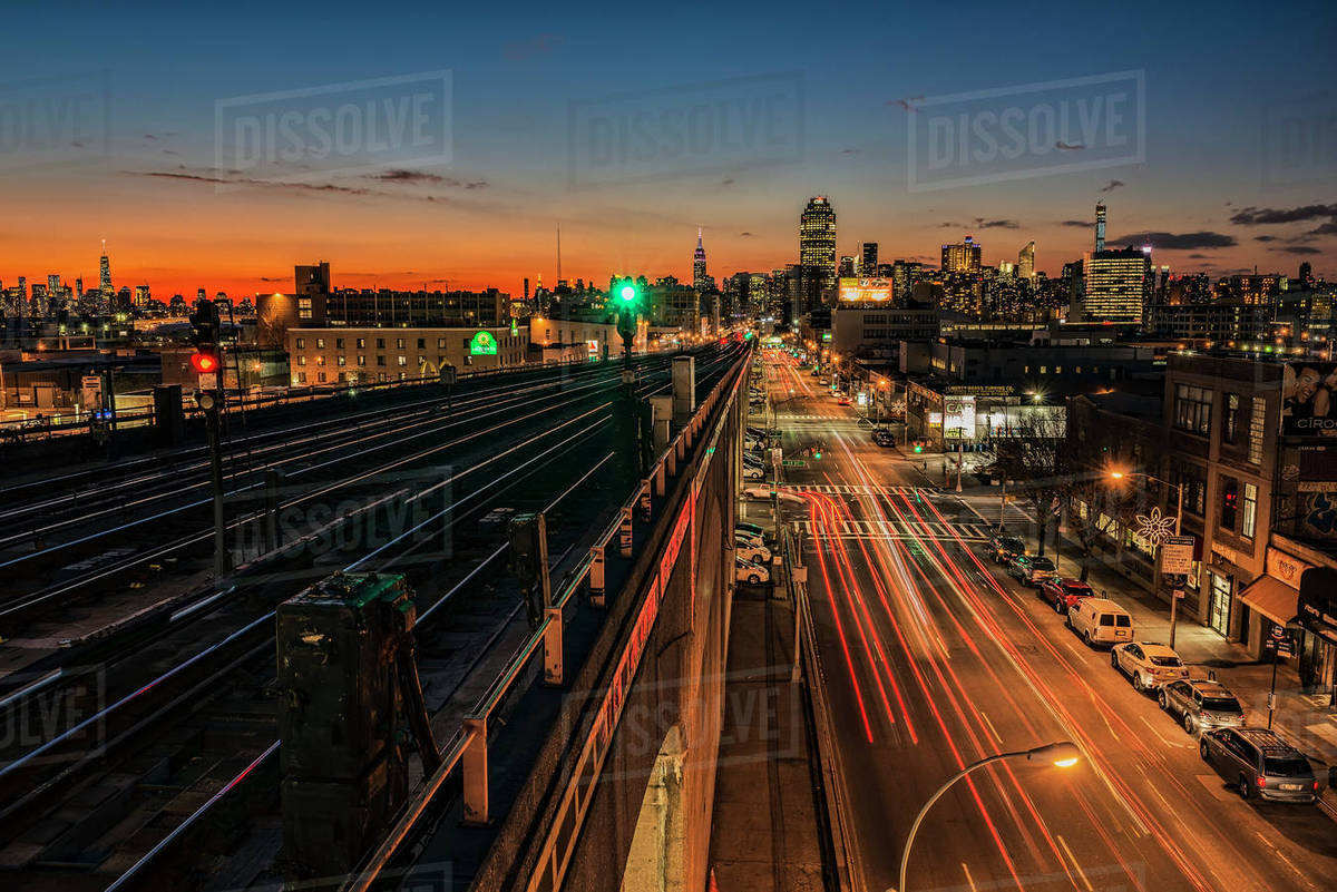 Sunset over Sunnyside, Queens with Manhattan in background; New York