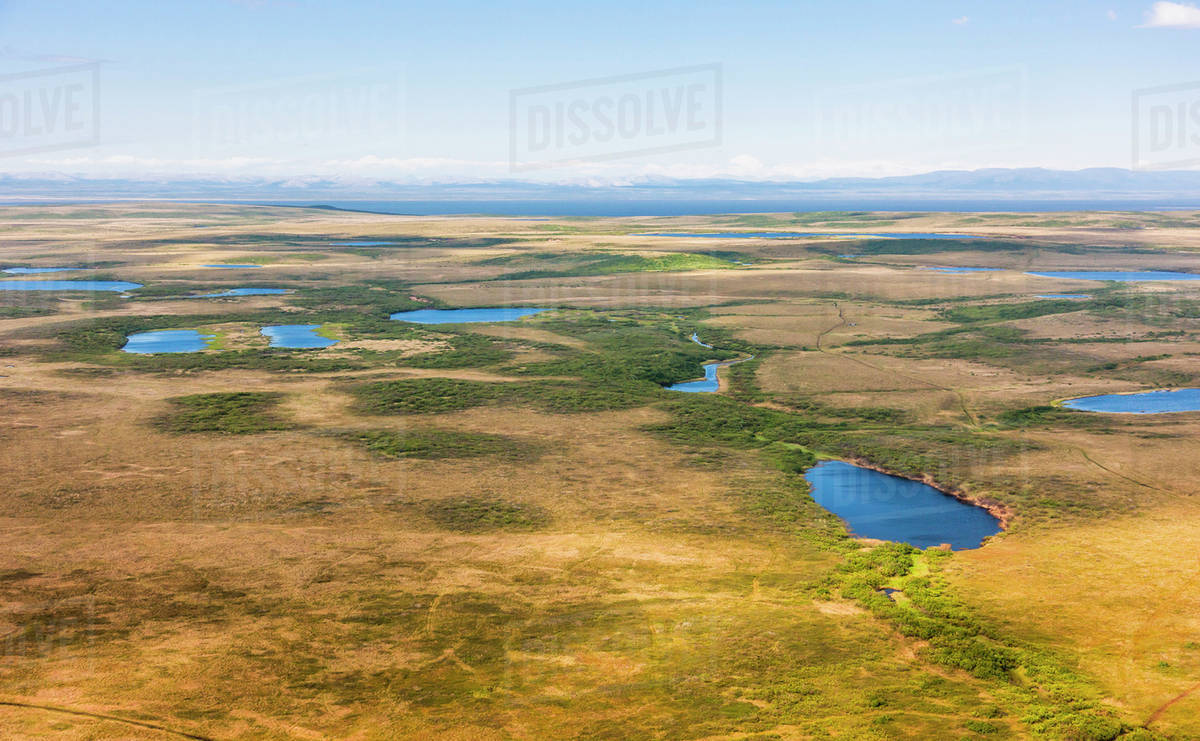 Aerial view of tundra and lakes, Baldwin Peninsula, Baird Mountains visible in the background, Arctic Alaska, summer Royalty-free stock photo