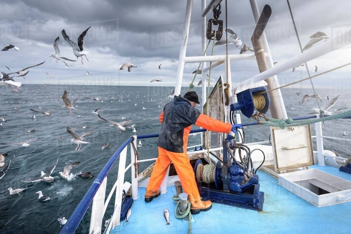 Fisherman operating winch on deck of trawler Stock Photo Dissolve