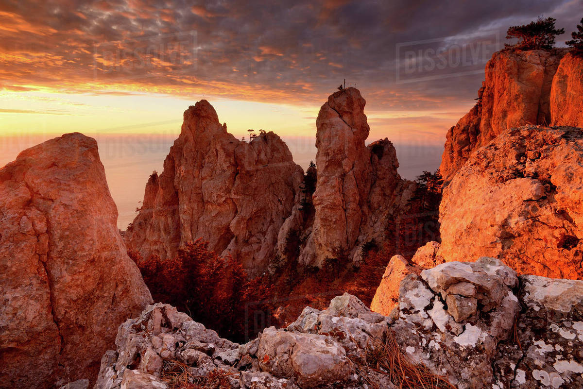 View of rock formations at sunset from Ai-Petri Mountain, Crimea