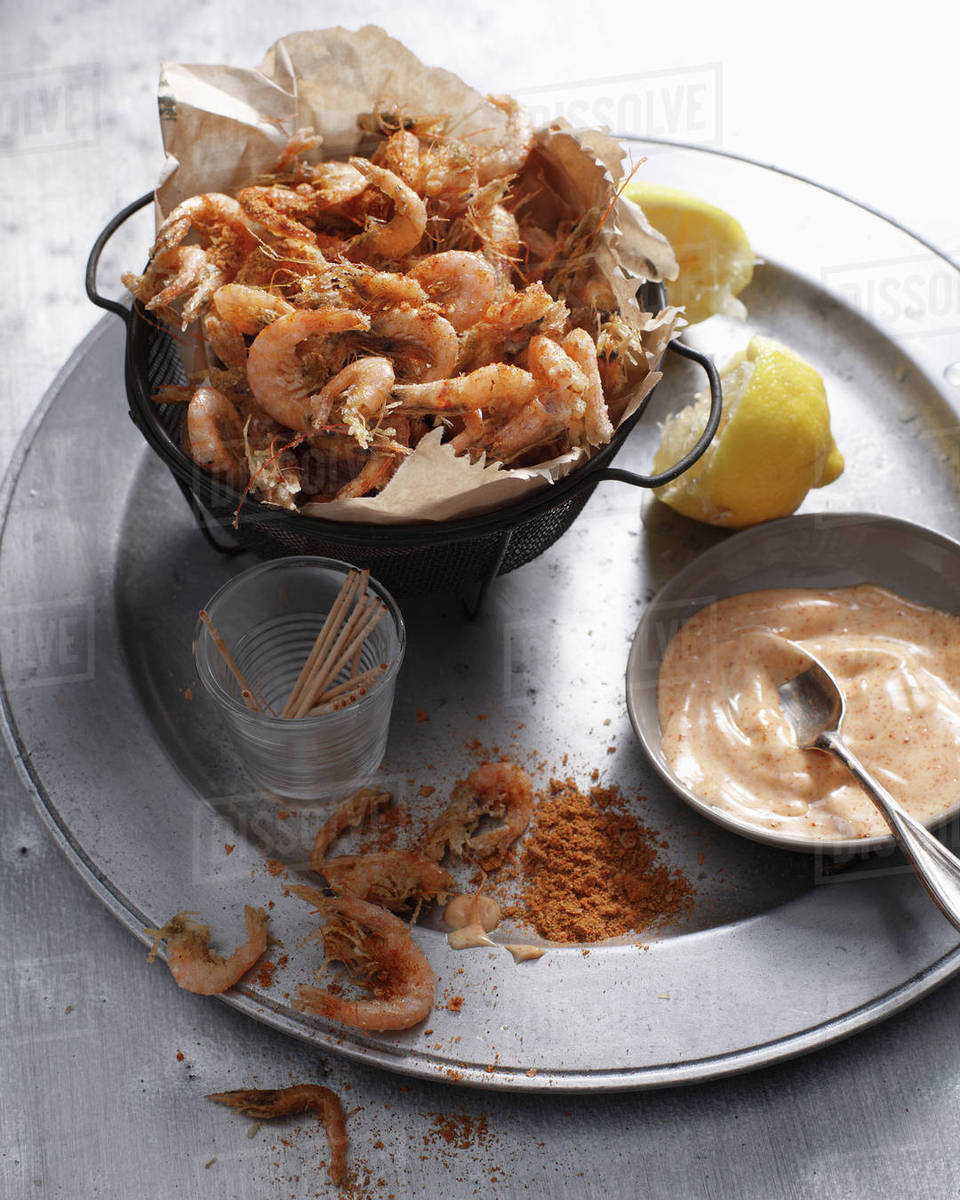 Spicy school prawns with paprika aioli Stock Photo Dissolve