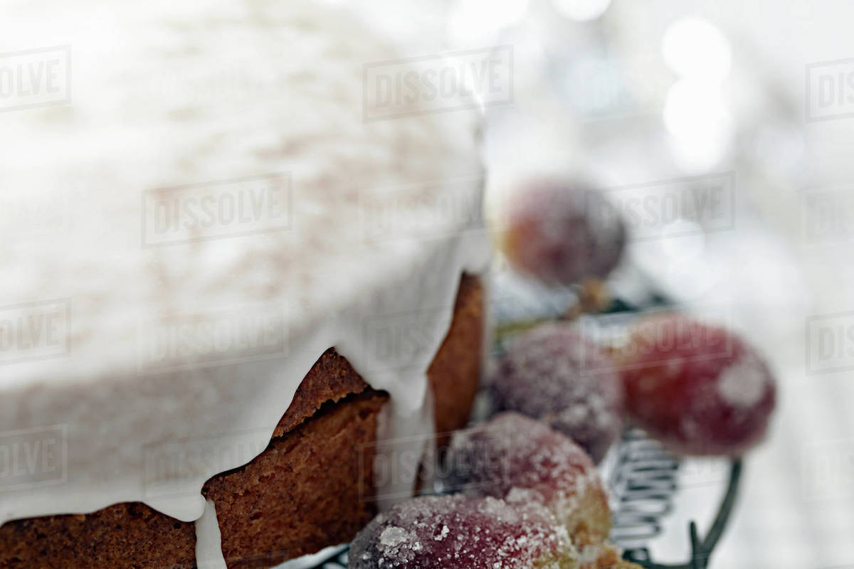Iced Cake On Cake Stand With Sugar Frosted Grapes Close Up Stock 