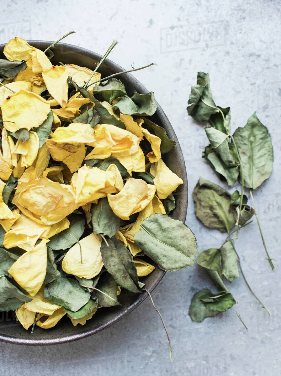 Rose petals and dry leaves in bowl Stock Photo Dissolve