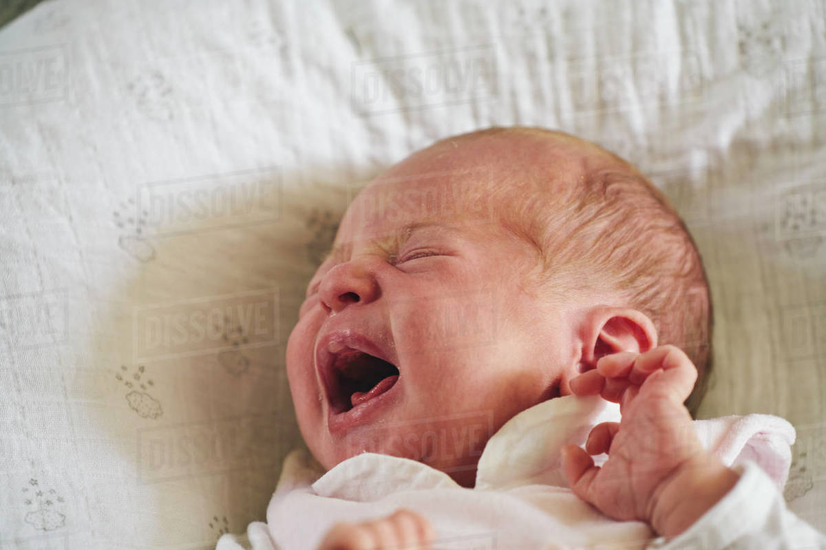Baby crying on Ushaped pillow Stock Photo Dissolve