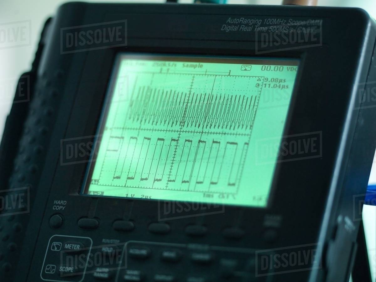 Close up of oscilloscope, used for testing circuit boards Stock Photo