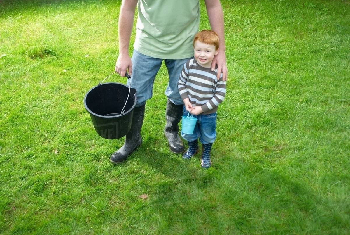 Father and son with buckets in backyard Stock Photo Dissolve