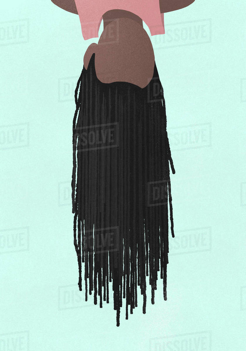 Upside Down Girl With Long Black Braids On Blue Background Stock