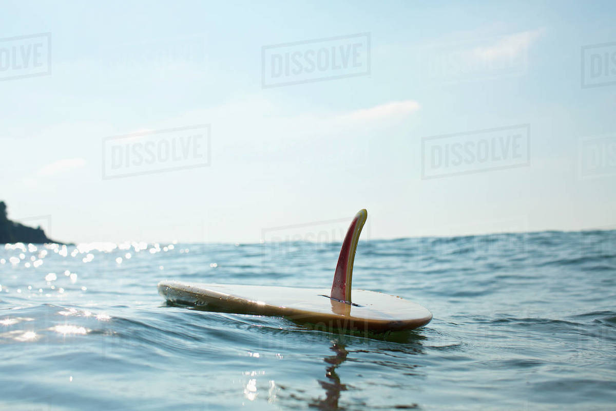 Surfboard floating on sunny blue ocean Stock Photo Dissolve
