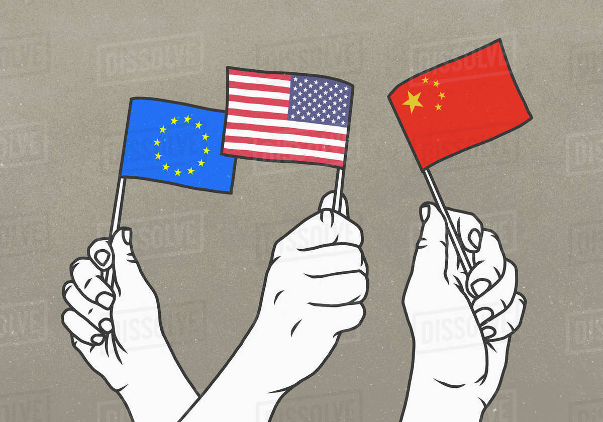 Hands waving small European Union, American and Chinese flags Royalty-free stock photo